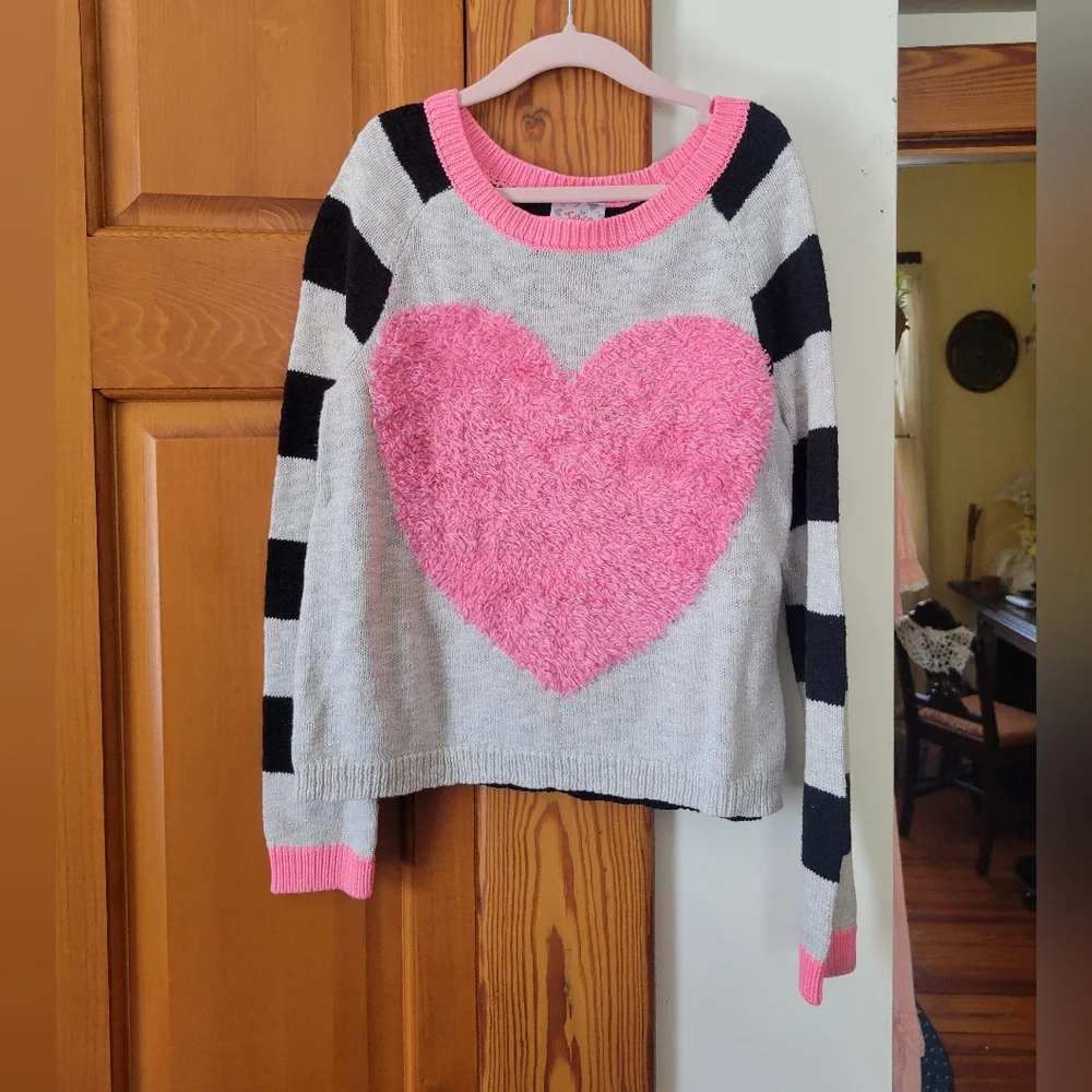 Girls Justice Pink Fuzzy Heart Sweater with Cream And Black Stripes 10